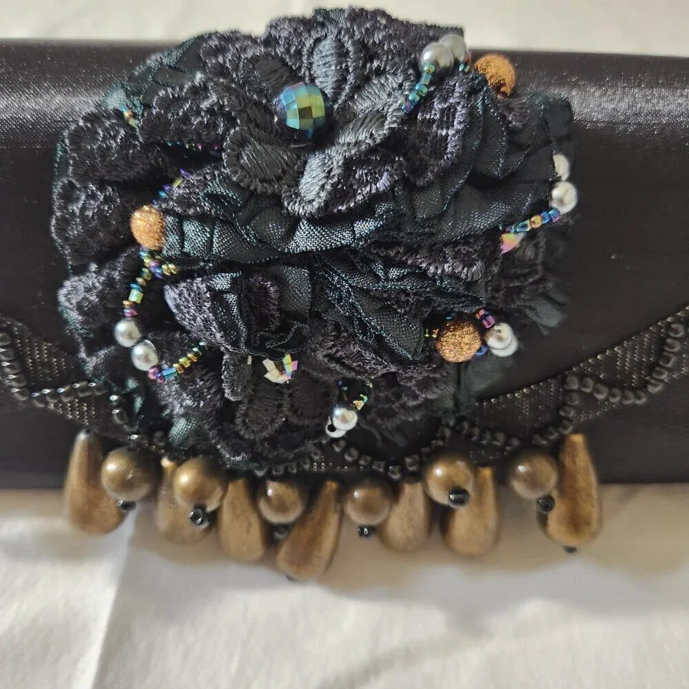 Women Vintage Small Black Satin Beaded Evening Shoulder Clutch Bag Formal Party